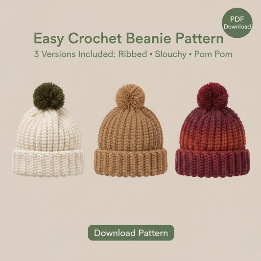 Easy Crochet Beanie Pattern: Ribbed, Slouchy, Pom Pom (PDF Download)