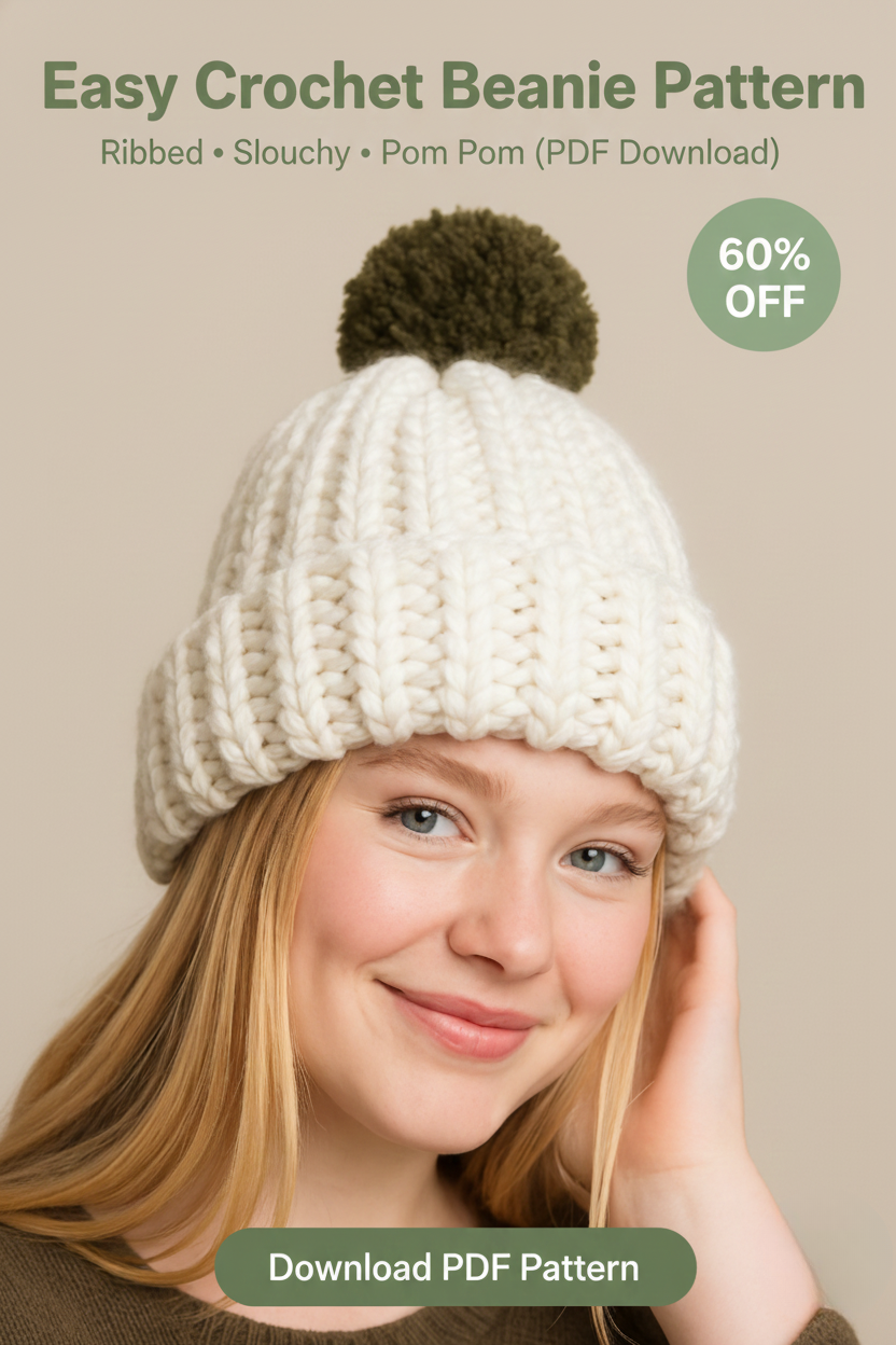 Easy Crochet Beanie Pattern: Ribbed, Slouchy, Pom Pom (PDF Download)