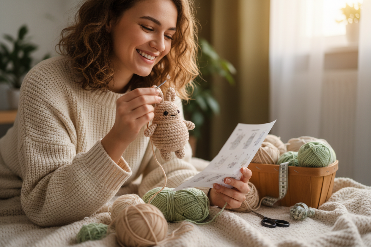 A happy young woman crocheting a beige amigurumi while holding a printed pattern, big genuine smile, cozy warm lighting, yarn beside her, soft beige and pastel green colors, realistic 4K, joyful and beginner-friendly vibe.
