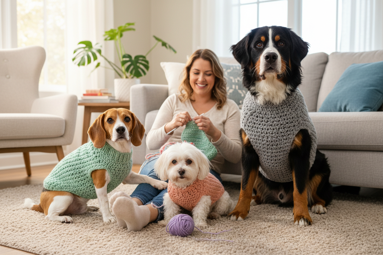 “Ultra-realistic 4K lifestyle photo of the three same dogs wearing their crocheted sweaters (mint green beagle, peach-pink small white dog, grey Bernese mountain dog). They are sitting together on a soft beige rug in a modern cozy living room. Behind them, the owner is sitting cross-legged on the couch, smiling warmly while crocheting with yarn and a crochet hook.
One dog gently places its paw on the owner’s leg, another dog plays with a small yarn ball, and the third sits proudly and looks at the camera.
S