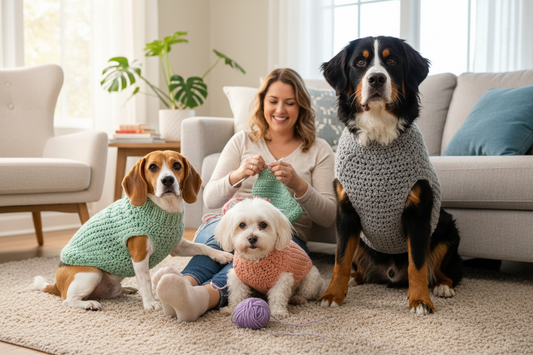 “Ultra-realistic 4K lifestyle photo of the three same dogs wearing their crocheted sweaters (mint green beagle, peach-pink small white dog, grey Bernese mountain dog). They are sitting together on a soft beige rug in a modern cozy living room. Behind them, the owner is sitting cross-legged on the couch, smiling warmly while crocheting with yarn and a crochet hook.
One dog gently places its paw on the owner’s leg, another dog plays with a small yarn ball, and the third sits proudly and looks at the camera.
S